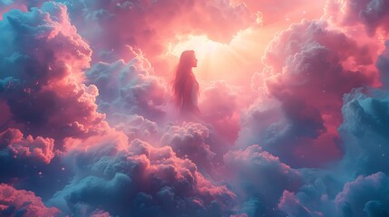 An ethereal papercraft castle floating among pastel blue and white clouds, with soft pink spires, the castle gently drifting through a serene, glowing sky,