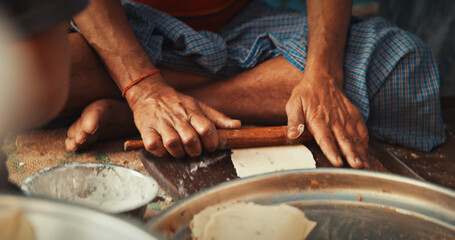 Man Rolls Out Dough For Flatbreads Close-up View. Fried Flatbreads In Oil. Street Food Of India. Traditional Street Food Punjabi Samosa. Vegetarian Samsa Or Samosas. Popular Indian Snacks. Fried