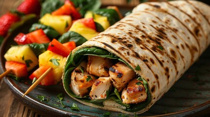 Grilled chicken and veggie wrap on a wooden board