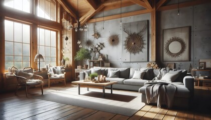 Fototapeta premium Cozy living room with wooden accents and natural elements, Cozy Living Room Ideas