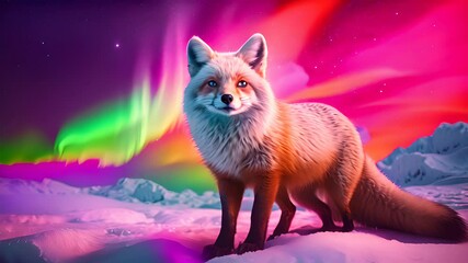Red fox with aurora borealis. Generative Ai - Powered by Adobe