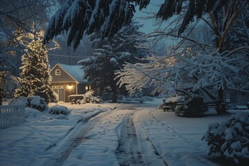 Snow-covered street with a house and trees on a winter day, Snow-covered trees and cozy winter scenes