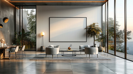 A contemporary dining room with a glass table, sleek chairs, and a blank wall frame as the centerpiece, with a statement chandelier casting a soft. Generative AI.