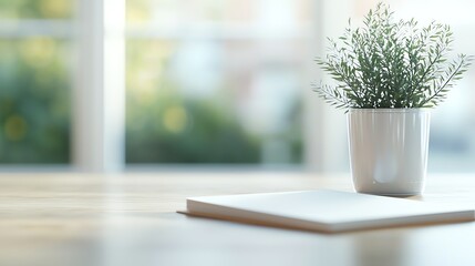 Image of wooden desk with rosemary plant in white pot and a notebook.