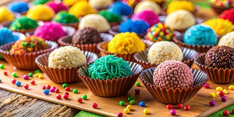 Colorful and delicious Brazilian candy brigadeiro truffles on a festive party table