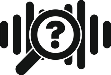 Black and white vector illustration of a magnifying glass analyzing a sound wave with a question mark symbol, representing the concept of audio analysis and research