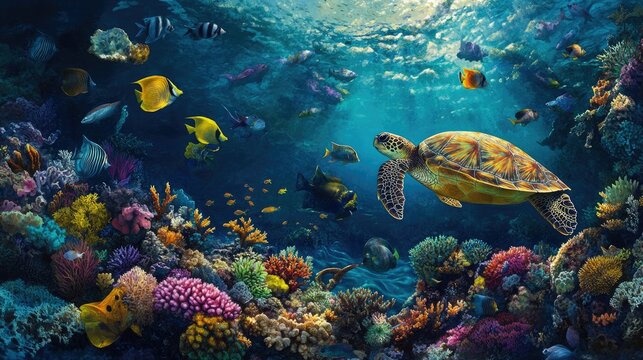 A diverse coral reef teeming with life: neon-colored fish darting in coral, schools of larger fish gliding in harmony, and a sea turtle swimming elegantly