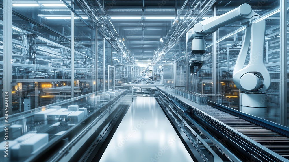 Poster a futuristic automated factory with robotic arms and conveyor belts for production.