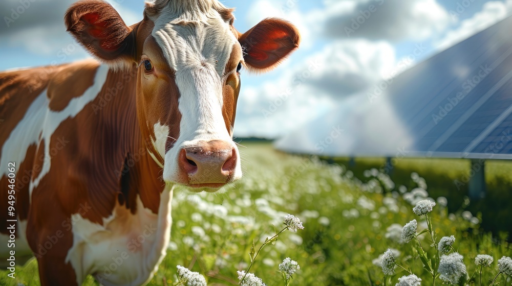 Poster cows in the field next to solar panels. the concept of agricultural energy using electrical pressure