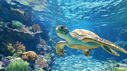 Fototapeta premium Vibrant coral reefs teeming with underwater life, high quality, photorealistic, showcasing a breathtaking marine paradise with tropical fish and clear turquoise water::0.7 sea turtles, manta 