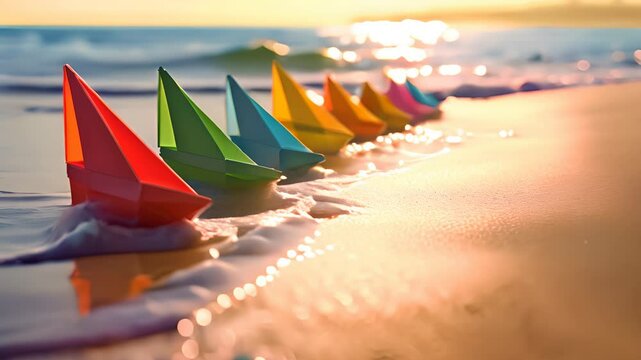 Paper boats on the sand sea shore. generative ai