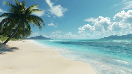Obraz premium Tropical Beach Paradise: A pristine tropical beach with white sand, crystal-clear turquoise waters, and palm trees swaying gently in the breeze. 