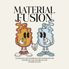 retro cartoon emblem of fire and water clenched hands