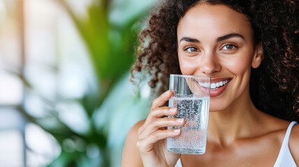 A happy woman with curly hair enjoys a refreshing glass of water in a sunny environment, highlighting hydration and a healthy lifestyle.