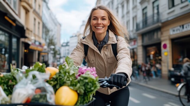A smiling woman is riding a bicycle loaded with fresh groceries through a bustling city street, representing eco-friendly transportation and a healthy, active lifestyle.