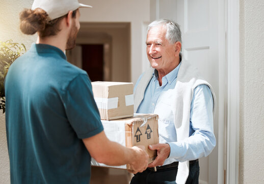 Delivery man, old person or boxes in home for client, product distribution or front door customer service. Retirement, ecommere order or courier worker with shipping package or goods for senior