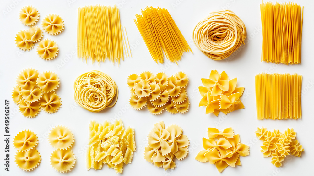 Wall mural pasta collection isolated on white, set of pasta, italian pasta variety collection, linguine, farfalle, spaghetti, penne