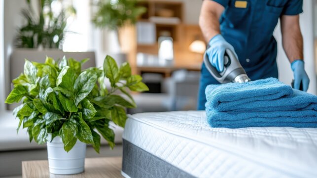 A hotel staff member in blue uniform and gloves cleaning a neatly arranged hotel room with a vacuum cleaner, with a green potted plant on the side table.