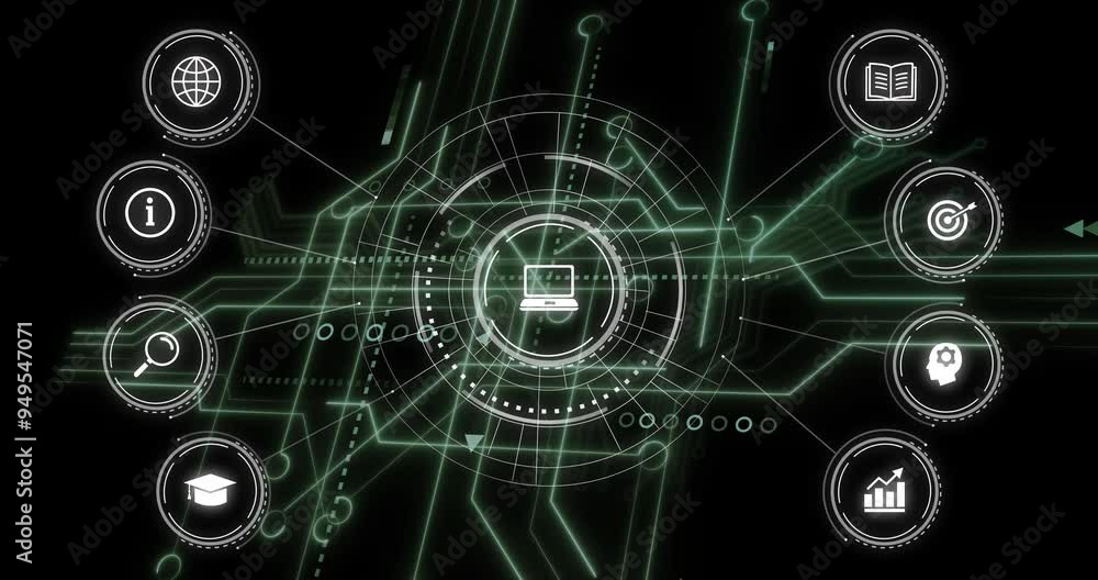 Poster laptop icon with digital interface and network connections animation