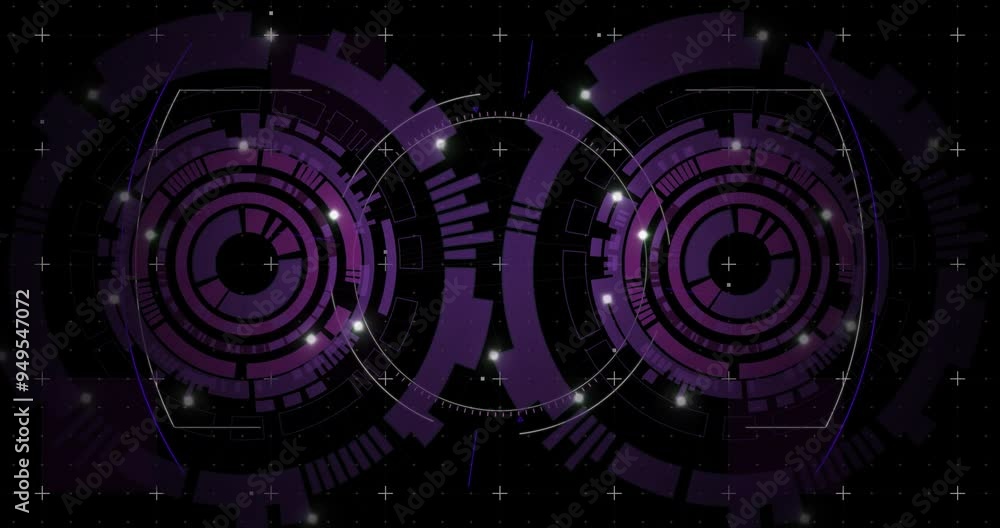 Poster futuristic digital interface with rotating circles and glowing lights animation