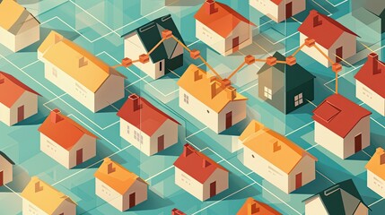 Fototapeta premium A drawing of a neighborhood with houses and a network of wires connecting them