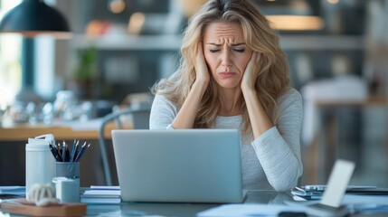 A woman at her desk, holding her head in frustration while working on a laptop, depicting the stress and mental exhaustion associated with a demanding work environment.