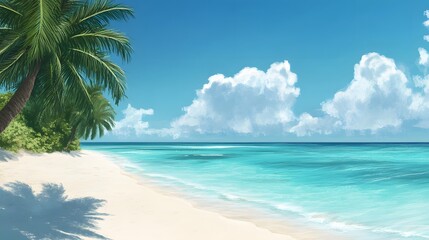 Tropical Beach Paradise: A pristine tropical beach with white sand, crystal-clear turquoise waters, and palm trees swaying gently in the breeze.
