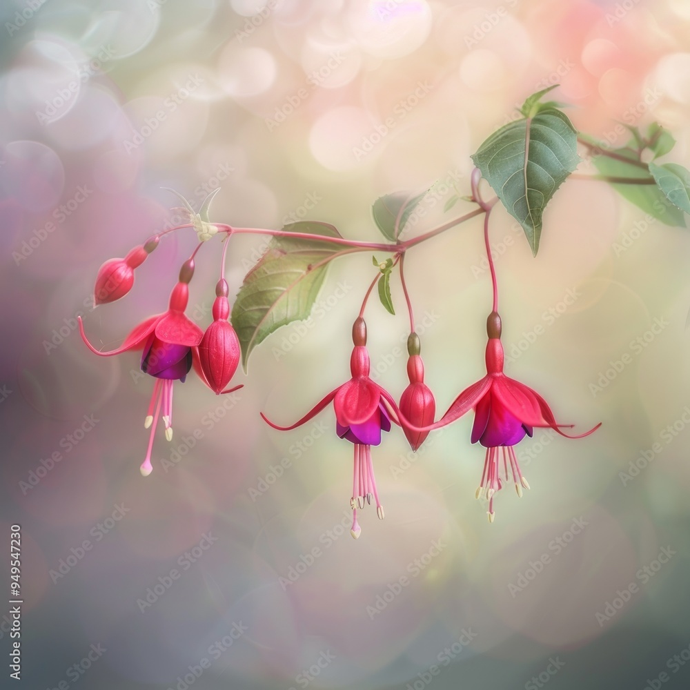 Poster Delicate fuchsia flowers hanging against a soft, blurred background.