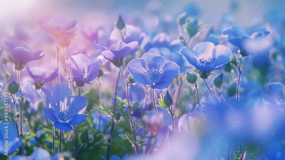 Canvas Prints Delicate light blue flowers in a field, a soft focus background.