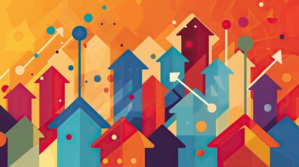 Obraz premium A colorful drawing of many houses with arrows pointing upwards