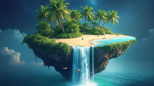 Tropical island hovers in starry sky. Sandy beach surrounds turquoise lagoon spilling over edge as massive waterfall. Palm trees sway above, tiny figures swim below. 