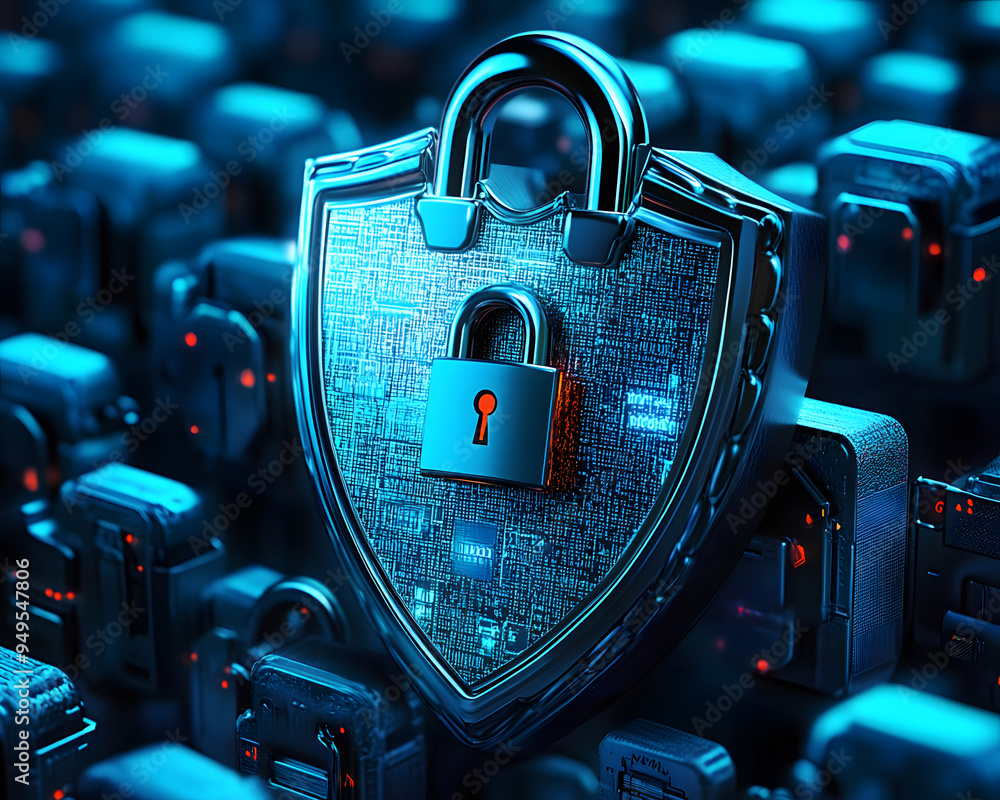 Poster cyber security and data protection of private information. locks of blue shield concept. ai generati