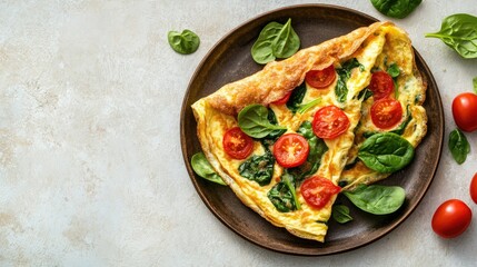 A flat lay of a stuffed omelette with fresh tomatoes and spinach, on a light stone background, capturing the simplicity and appeal of a healthy, homemade breakfast,
