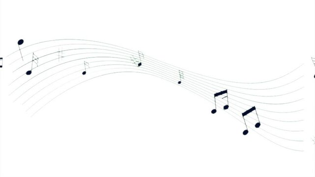 Animation of music notes flowing isolated on white background.
