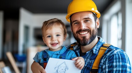 A smiling construction worker in a yellow hardhat holding a cheerful young child who is showing a drawing, both standing in an indoor space with a friendly atmosphere.