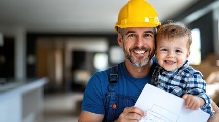 A cheerful construction worker in a yellow hardhat holding a young child displaying a drawing, both smiling, situated in a bright indoor area that exudes warmth and happiness.