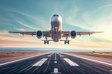 Naklejka premium Airplane Taking Off From Runway at Sunset