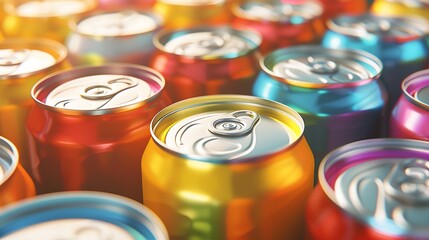 A closeup view of many beverage cans