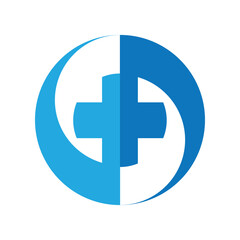 This design is a simple flat logo that depicts a health cross logo combined with a yin yang symbol in blue color on a white background