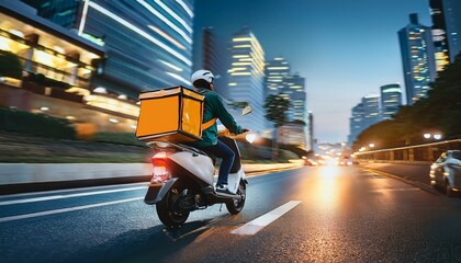  Firefly Pizza delivery boy riding motor bike on the city street in evening, take out food. Delivery 