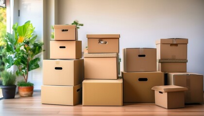 Firefly Boxes waiting to be moved into a new home,New home,Moving house day and real estate concept