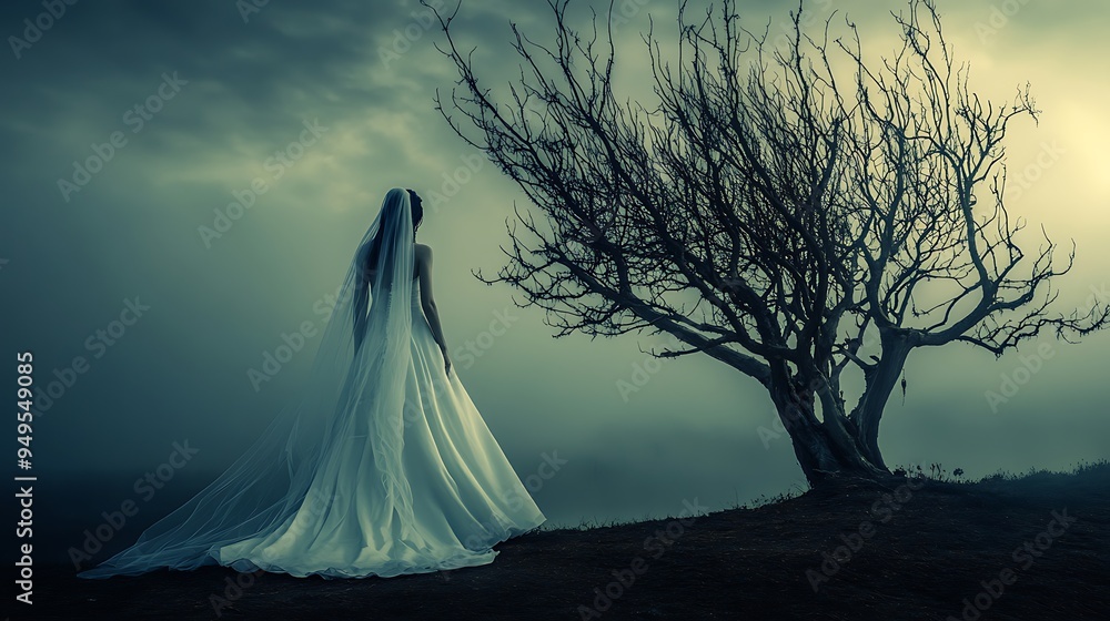 Wall mural Haunting image of a ghostly bride standing by a withered tree on a misty Halloween evening. 32k,