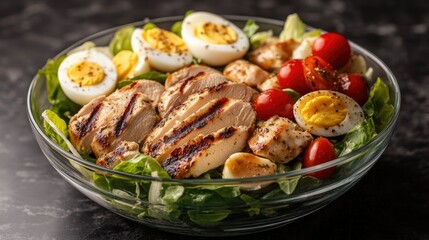 A gourmet Caesar salad in a glass bowl, featuring crisp lettuce, juicy cherry tomatoes, sliced boiled eggs, and grilled chicken, all tossed with a light Caesar dressing