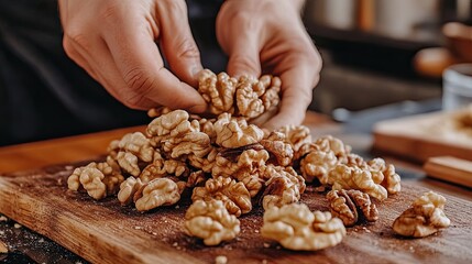 18. Hand cracking walnuts open on a wooden board, natural brain food, rich in healthy fats.