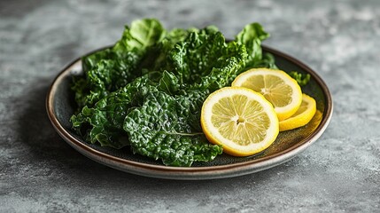 17. Dark leafy greens arranged on a plate with lemon slices, rich in vitamins, brain-boosting meal.