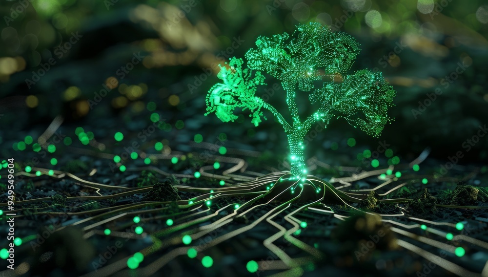 Poster A Glowing Green Tree with Intricate Root System