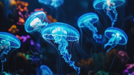 Obraz premium A group of jellyfish swimming in sync, their bodies radiating with blue neon light, set against a dark and moody aquarium backdrop