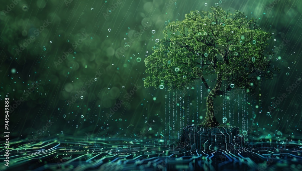 Poster a green tree growing from a circuit board in a digital rain