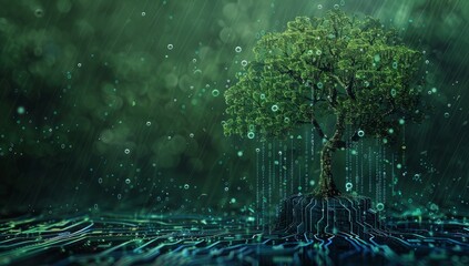 A Green Tree Growing From a Circuit Board in a Digital Rain