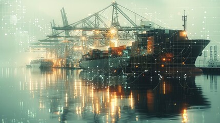 Obraz premium Double Exposure Smart Logistics Digital Marketing Technology Concept, Polygon Wireframe of Container Cargo Freight Ship, Plane, Truck, Growth Graph, Modern Future Import Export Transport Background.